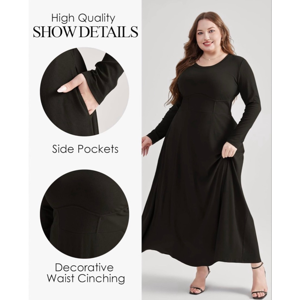 NEW Black Ribbed Plus Size Long Sleeve Loose Ribbed Maxi Dress XL - Picture 8 of 8